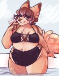 anthro bedroom_eyes belly beverage big_belly breasts brown_hair canid canine clothing container cup female fox fur fur_tuft hair hi_res love_handles mammal monsterbetch narrowed_eyes orange_body orange_fur overweight overweight_anthro overweight_female partially_submerged schopenhauer seductive solo swimming_pool swimwear thick_thighs trans_(lore) trans_woman_(lore) tuft wet wide_hips