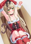  1girl @_@ alternate_costume armpits arms_up bell black_choker blonde_hair bound bound_wrists box breasts cat_feet cat_girl cat_tail choker closed_mouth commentary_request detached_sleeves dress fur-trimmed_dress fur-trimmed_sleeves fur_trim genshin_impact green_eyes highres in_box in_container kirara_(genshin_impact) long_hair mikoto_(0709mikoto) multiple_tails neck_bell nekomata red_dress red_leg_warmers red_sleeves santa_costume santa_dress simple_background solo strapless strapless_dress tail two_tails 