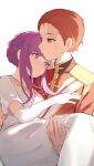  1boy 1girl absurdres aiguillette carrying dress elbow_gloves epaulettes fern_(sousou_no_frieren) forehead gloves hair_up hand_on_another&#039;s_chest hetero highres light_frown military_uniform princess_carry purple_eyes purple_hair red_eyes red_hair scar scar_on_face scar_on_forehead shenqi_de_(9) short_sleeves sidelocks simple_background sousou_no_frieren stark_(sousou_no_frieren) uniform white_background white_dress white_gloves 