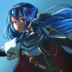  amamiya_ren belt blue_background blue_eyes blue_hair cape cuffs eyelashes fingerless_gloves fire_emblem fire_emblem_awakening gloves highres holding holding_mask long_hair long_sleeves looking_at_viewer lucina_(fire_emblem) mask persona persona_5 pose_imitation smile stoic_seraphim tiara trait_connection wrist_cuffs 