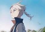  1boy black_collar blue_eyes blue_sky chinese_commentary collar commentary cross-laced_clothes cross-laced_sleeves from_side hair_between_eyes hairband high_collar highres ikooto111 looking_ahead male_focus mountain mountainous_horizon nier nier_(series) nier_(young) outdoors ponytail portrait shirt simple_bird sky solo spiked_hair updo white_hair white_shirt 