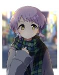  1girl blurry blurry_background checkered_clothes checkered_scarf coat commentary_request dot_nose expressionless green_scarf grey_coat hand_up highres idolmaster idolmaster_million_live! long_sleeves looking_at_viewer makabe_mizuki night outdoors purple_hair road scarf short_hair sidelocks solo street toro_(shiro) upper_body wavy_hair wide_sleeves yellow_eyes 