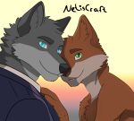 anthro blue_eyes brown_body brown_fur canid canine canis clothing couple cuddling duo fur green_eyes grey_body grey_fur hi_res male male/male mammal netiscraft suit wolf