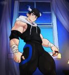 absurd_res biped black_hair clothed clothing demon demon_humanoid eyebrows fingers hair hi_res horn horned_humanoid humanoid humanoid_pointy_ears kingdomvelvet male muscular muscular_humanoid muscular_male not_furry solo window