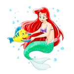  5_fingers ariel_(disney) blue_eyes blush bra bubble clothing dancing digital_drawing_(artwork) digital_media_(artwork) disney duo eyelashes female fin fish flounder_(disney) green_eyes green_scales hair harara hidden_mickey long_hair looking_down looking_up marine merfolk open_mouth open_smile red_hair scales simple_background smile tail_fin the_little_mermaid underwear white_background yellow_scales 