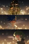  2boys blue_eyes blue_hair blush breath christmas christmas_tree couple earrings galo_thymos green_hair highres jewelry lamppost lio_fotia looking_at_another male_focus merry_christmas mohawk multiple_boys night outdoors promare purple_eyes short_hair short_hair_with_long_locks sidelocks single_earring smile snow snowing so-rann spiked_hair triangle_earrings upper_body winter yaoi 