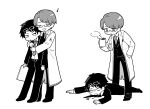  2boys blood closed_eyes collared_shirt dongrang_(project_moon) eyewear_on_head full_body glasses greyscale highres hug lab_coat lcwy4149 limbus_company monochrome multiple_boys necktie open_mouth project_moon samjo_(project_moon) shirt shoes simple_background smile 