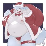 anthro belly blush bulge canid canine canis christmas christmas_clothing christmas_headwear clothing domestic_dog facial_hair gift_bag hat headgear headwear hi_res holidays lick1832 male mammal moobs mustache navel nipples overweight santa_hat solo thigh_strap thong underwear