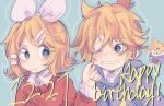  &gt;_o 1boy 1girl blonde_hair blue_background blue_eyes blue_sweater bow cheek_pinching chibi closed_mouth hair_bow hair_ornament hairclip happy_birthday kagamine_len kibidesu looking_at_another messy_hair one_eye_closed pinching red_sweater short_hair sweater teeth vocaloid 