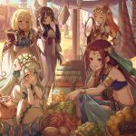  5girls alternate_costume alternate_hairstyle animal_ears blonde_hair blurry blurry_background blush brown_hair carpet closed_mouth food fruit green_eyes hands_on_own_cheeks hands_on_own_face highres long_hair mirror multiple_girls official_art open_mouth presia_(princess_connect!) princess_connect! quria_(princess_connect!) riri_(princess_connect!) ruka_(princess_connect!) saliva saren_(princess_connect!) 