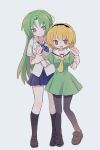  2girls black_pantyhose black_socks blonde_hair blush breasts brown_footwear closed_mouth collared_shirt green_eyes green_hair highres higurashi_no_naku_koro_ni houjou_satoko kneehighs loafers long_hair medium_breasts multiple_girls open_mouth pantyhose puffy_short_sleeves puffy_sleeves purple_eyes ri_(qrcode) shirt shoes short_hair short_sleeves simple_background smile socks sonozaki_shion standing sweat white_background white_shirt 