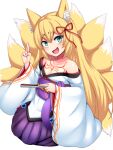  1girl :d animal_ear_fluff animal_ears bare_shoulders blonde_hair blush breasts chest_tattoo cleavage_cutout clothing_cutout collarbone commentary_request folding_fan fox_ears fox_girl fox_tail full_body green_eyes hair_ribbon hakama hakama_skirt hand_fan highres holding holding_fan index_finger_raised japanese_clothes kimono kitsune kneeling kyuubi lolibaba long_hair looking_at_viewer mon-musu_quest! monster_girl multiple_tails obi open_mouth purple_hakama purple_sash raichi_(ddq0246) ribbon rope sash shimenawa simple_background skirt small_breasts smile solo tail tamamo_(mon-musu_quest!) tattoo white_background white_kimono 