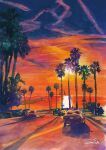  artworksmil car highres motor_vehicle no_humans ocean orange_sky original palm_tree purple_sky road shadow signature sky sunlight sunset tree tree_shade 
