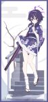  1girl absurdres back_bow blue_archive bow floral_print_kimono flower gun hair_flower hair_ornament hairband halo haruka_(blue_archive) haruka_(new_year)_(blue_archive) highres holding holding_gun holding_weapon japanese_clothes kimono kyukouka_p looking_at_viewer purple_eyes purple_hair purple_hairband purple_kimono railing socks solo stairs standing weapon white_socks wide_sleeves 