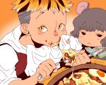  2girls animal_ears asymmetrical_hair black_hair blush eating food fork gradient_background grey_hair holding holding_fork knife long_sleeves looking_at_another looking_at_viewer mouse_ears mouse_tail multicolored_hair multiple_girls nazrin onikobe_rin orange_background orange_eyes orange_hair red_shirt shawl shirt short_hair sidecut simple_background slit_pupils tail toramaru_shou touhou two-tone_hair undercut very_short_hair wiping_face 