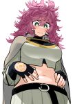  1girl absurdres belt breasts cape embarrassed fingerless_gloves gloves green_eyes hand_on_own_stomach hand_tattoo highres kanke_(kank06020602) large_breasts long_hair looking_down mamayuyu messy_hair navel pink_hair plump skirt tattoo wool_pool_elysia 