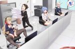  4girls absurdres ahoge alternate_costume badge black_choker black_hairband black_necktie blue_eyes blue_shirt braid brown_eyes brown_hair choker commission commissioner_upload corrin_(female)_(fire_emblem) corrin_(fire_emblem) cubicle feather_hair file_cabinet fire_emblem fire_emblem:_three_houses fire_emblem_awakening fire_emblem_fates fujoshi hairband heart heart_in_eye highres igni_tion implied_pornography keyboard_(computer) lanyard long_hair long_sleeves low_twin_braids low_twintails marianne_von_edmund mars_symbol monitor multiple_girls necktie nina_(fire_emblem) noire_(fire_emblem) non-web_source office_lady paper_stack parted_bangs printer shirt suit symbol_in_eye talking_on_phone tripping twin_braids twintails white_hair yaoi 