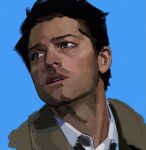  1boy beard_stubble black_hair blue_background blue_eyes castiel cleft_chin coat derivative_work english_commentary highres male_focus mature_male parted_lips rozavay screencap_redraw short_hair simple_background solo supernatural_(tv_series) trench_coat upper_body 