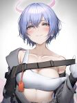  1girl absurdres arknights blue_hair breasts cleavage collarbone commentary_request crop_top gradient_background grey_background grey_eyes grin halo hand_up highres looking_at_viewer midriff parted_lips partial_commentary short_hair smile solo sports_bra spuria_(arknights) strap_slip tab_head 