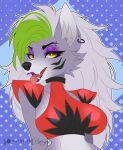 anthro breasts canid canine canis clothed clothing collar eyelashes eyeshadow female five_nights_at_freddy&#039;s five_nights_at_freddy&#039;s:_security_breach fur green_hair hair hi_res lipstick makeup mammal midriff purple_body purple_eyeshadow purple_fur purple_lipstick purrynx red_clothing roxanne_wolf_(fnaf) scottgames seductive solo steel_wool_studios tight_clothing topwear white_hair wolf