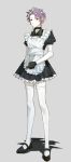  1boy absurdres alternate_costume apron black_apron black_choker black_dress black_footwear black_gloves chinese_commentary choker cigarette collared_dress commentary_request crossdressing dress earrings enmaided frilled_apron frilled_dress frills full_body gloves grey_background highres holding holding_cigarette jewelry kyoko_(akakikyoko) maid maid_apron maid_headdress male_focus male_maid mary_janes puffy_short_sleeves puffy_sleeves red_eyes saibou_shinkyoku shoes short_dress short_hair short_sleeves simple_background solo theodore_riddle thighhighs white_dress white_thighhighs 