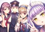  1boy 3girls absurdres ahoge alice&#039;s_spiritual_judge alice_kanzaki artist_name black_headwear black_skirt blonde_hair blush brown_eyes brown_hair character_request creator_connection dated fll0o0 hairband highres mai_sahara maid_headdress military_uniform multiple_girls neckerchief prison_boys purple_hair red_eyes red_neckerchief red_ribbon ribbon school_uniform serafuku shirt short_hair skirt smile tasokare_hotel tetsu_akatsuki tsukahara_neko uniform upper_body v white_shirt yellow_eyes yotsume_god 