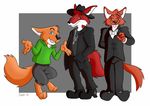  2017 anthro antoine_renault belt big_ears blue_eyes brown_eyes canine clothed clothing digital_media_(artwork) fluffy fluffy_tail footwear fox friends fur gem-wolf green_shirt grin group happy hat jacket jewelry long_tail looking_at_viewer male mammal necklace orange_fur pants red_fur ross_holmes satisfied shirt shoes sly smile teeth tom_hunter tuxedo 