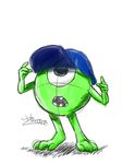  1_eye 3:4 3_toes 4_fingers baseball_cap colored_sketch disney green_skin harara hat hi_res looking_up mike_wazowski monster monsters_inc monsters_university open_mouth pixar signature simple_background solo standing toes white_background young 