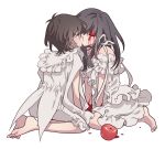  2girls apple bad_id bad_twitter_id bare_shoulders barefoot between_legs black_hair blood blood_on_face blood_on_hands character_request closed_eyes copyright_request crying crying_with_eyes_open dress face-to-face facing_another food frilled_dress frills fruit full_body hand_between_legs highres kiss long_hair looking_at_another meremero multiple_girls red_apple short_hair simple_background sitting tears wariza white_background white_dress yuri 
