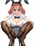  1girl absurdres alternate_costume animal_ears azumi_(girls_und_panzer) black_bow black_bowtie black_footwear blaze_(blazeillust) blue_eyes blush bow bowtie breasts brown_hair brown_pantyhose cleavage closed_mouth fake_animal_ears fishnet_pantyhose fishnets girls_und_panzer grey_leotard hair_intakes hairband hands_on_own_cheeks hands_on_own_face high_heels highres large_breasts leotard looking_at_viewer pantyhose parted_bangs playboy_bunny rabbit_ears simple_background smile solo squatting thighband_pantyhose white_background wrist_cuffs 
