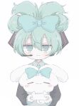  1girl :3 absurdres animal aqua_bow aqua_eyes aqua_hair aqua_necktie black_sleeves bow chibi cinnamiku cinnamoroll commentary expressionless hair_bow hatsune_miku highres holding holding_animal kennin5 long_sleeves necktie sanrio simple_background vocaloid white_background 