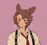  1boy animal_ears brown_hair chest_harness closed_mouth collared_shirt harness heathcliff_(project_moon) limbus_company necktie pink_background project_moon purple_eyes rabbit_ears red_necktie shirt simple_background solo uchimura_(rino0525) upper_body white_shirt 