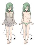 1girl breasts demon_girl demon_tail full_body grey_hair grey_shirt hair_over_one_eye highres long_hair long_sleeves off_shoulder original otokuyou pointy_ears shirt sketch small_breasts tail topless torn_clothes torn_shirt underwear underwear_only yellow_eyes 