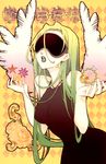  absurd_res blindfold breasts checkered_background clothing dress feathered_wings feathers female green_hair green_lips hair hi_res humanoid libra_(zodiac) long_hair noizi_ito not_furry pattern_background simple_background solo tongue winged_humanoid wings 