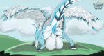 anus blue_anus cloud dragon feathered_dragon feathers feral fur furred_dragon genitals huge_thighs hyper hyper_genitalia male muscular puffy_anus raised_tail solo spacedragonstyle_(artist) tail teck thick_thighs white_body