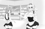  alternate_costume bespectacled bookshelf breasts cleavage commentary english_commentary enmaided glasses greyscale highres kant-o-celle_quest kantai_collection maid monochrome multiple_girls pacific panties pantyshot shoukaku_(kantai_collection) thenyaaneco thighhighs underwear uss_arizona_(bb-39) 