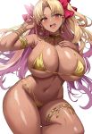 1girl absurdres armlet bare_shoulders bikini blonde_hair breasts collarbone commentary dark-skinned_female dark_skin earrings ereshkigal_(fate) fate_(series) foreshortening gem gradient_hair hair_ribbon hand_on_own_chest highres huge_breasts jasony jewelry long_hair looking_at_viewer multicolored_hair nail_polish navel o-ring o-ring_bikini open_mouth parted_bangs pink_hair pink_nails red_eyes red_gemstone ribbon simple_background solo sweat swimsuit teeth thick_thighs thighlet thighs underboob upper_teeth_only wide_hips 