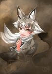  1girl absurdres animal_ears blazer brown_eyes extra_ears fox_ears fox_girl fox_tail grey_hair highres jacket kawanami_eito kemono_friends kemono_friends_3 kit_fox_(kemono_friends) looking_at_viewer necktie scarf shirt short_hair simple_background skirt solo tail 