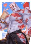  1boy abs absurdres ass_peek bai_(ffxivhighlander) bara commission commission_watermark final_fantasy final_fantasy_xiv finger_heart from_below furry furry_male glasses grey_fur heart highres hip_vent hrothgar huge_pectorals jaguar_boy looking_at_viewer male_focus mature_male muscular muscular_male navel nipple_piercing nipple_rings nipples onion_holic piercing red_fur second-party_source short_hair solo stomach thick_navel_hair v-taper 