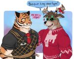2023 5:4 abstract_background anthro antlers bdsm big_muscles blush bondage bound christmas christmas_clothing christmas_lights christmas_sweater christmas_topwear clenched_teeth clothing cross-popping_vein deer dialogue dolph_(fortnite) dress_shirt duo english_text epic_games eyebrows eyewear felid fortnite fur gift gift_tag hair hi_res holidays horn humor male male/male mammal muscular muscular_anthro muscular_male necktie new_world_deer nomnom_arts open_mouth open_smile oscar_(fortnite) pantherine reindeer restraints rope rope_bondage scar shirt simple_background smile standing sunglasses sweater teeth text tiger tongue topwear tuft vest