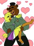 &lt;3 2016 3_toes 5_fingers absurd_res alternate_universe anthro artooper024 avian barefoot beak bear bent_leg bird black_bow_tie black_eyebrows black_nose blonde_hair blush bottomwear bow_tie breasts brown_bear brown_body brown_fur brown_inner_ear button_(fastener) carrying_another carrying_partner cheek_tuft chica_(fnaf) chica_chiken chicken clothed clothing digital_drawing_(artwork) digital_media_(artwork) dress_shirt duo embrace eyebrows eyelashes eyes_closed facial_tuft feather_hair feathers feet female fingers five_nights_at_freddy&#039;s flat_colors fredbear_college freddy_(fnaf) fur galliform gallus_(genus) green_clothing green_suit hair happy hi_res hug larger_male male male/female mammal multicolored_body multicolored_fur necktie open_mouth orange_beak patch_(fabric) phasianid pink_tongue pseudo_hair purple_necktie scottgames shirt short_hair short_tail shorts simple_background size_difference skirt smaller_female smile smiling_at_each_other suit suit_jacket tail tail_feathers talons teeth thick_eyebrows thick_thighs toes tongue topwear tuft ursine white_clothing white_dress_shirt white_shirt white_topwear wide_hips yellow_body yellow_feathers