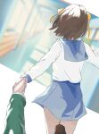  1boy 1girl black_hair blue_sailor_collar blue_skirt blurry blurry_background brown_footwear from_behind green_jacket hair_ribbon hallway holding_hands indoors jacket kita_high_school_uniform kyon okushiro ribbon running sailor_collar school_uniform serafuku shirt short_hair skirt sunlight suzumiya_haruhi suzumiya_haruhi_no_yuuutsu white_shirt yellow_ribbon 