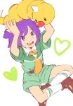  1boy ascot belt brown_belt brown_footwear bugsy_(pokemon) commentary_request green_shirt heart lowres open_mouth orange_mikan pokemon pokemon_(creature) pokemon_hgss purple_eyes purple_hair shirt shoes short_sleeves shorts simple_background smile socks weedle white_socks yellow_ascot 