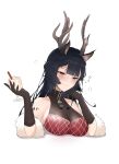  1girl absurdres animal_ears antlers arknights breasts cleavage deer_antlers deer_ears deer_girl drunk eggnog hand_on_own_chin highres large_breasts long_hair looking_at_viewer official_alternate_costume self-upload simple_background smile solo tsukinogi_(arknights) tsukinogi_(dance)_(arknights) vathanyan white_background 