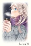 1girl a_pig28 blonde_hair blue_eyes braid coffee_cup condensation crown_braid cup dated disposable_cup earrings eiyuu_densetsu elaine_auclair hair_between_eyes highres holding holding_cup jewelry kuro_no_kiseki long_hair portrait ribbed_sweater scarf signature snowflakes snowing solo sweater 