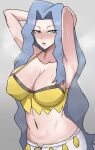  1girl absurdres armpits bare_shoulders blue_hair breasts camisole chihel cleavage crop_top grey_eyes hands_in_hair highres karen_(pokemon) large_breasts long_hair looking_at_viewer midriff navel pants parted_bangs pokemon pokemon_hgss simple_background white_pants yellow_camisole 