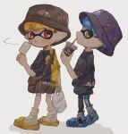  2boys bag black_headwear black_shirt blonde_hair blue_hair commentary_request drink drinking drinking_straw eating food full_body green_eyes hat holding holding_bag hwtr_06 ice_cream inkling inkling_boy multiple_boys pointy_ears print_shirt red_eyes sandals shirt short_hair simple_background socks splatoon_(series) two-tone_shirt white_background white_socks yellow_shirt 