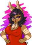 2019 abstract_background absurd_res anthro beverage black_hair breasts brown_body brown_fur chest_tuft cleavage clothed clothing dress eyelashes eyewear female fluffy fur fur_markings glasses hair hands-free_bubble_tea hi_res inner_ear_fluff janice_flynn lagomorph leporid lipstick long_ears long_hair makeup mammal markings mature_female meme narrowed_eyes nipple_outline pink_nose purple_eyes rabbit red_clothing red_dress signature smug_face solo tuft vlackitten