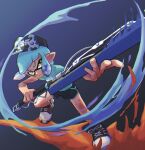  1boy baseball_cap black_shorts blue_background blue_hair blue_shirt commentary_request full_body gradient_background hat highres holding holding_sword holding_weapon inkling inkling_boy nastar_r0 paint pointy_ears shirt short_hair short_shorts shorts solo splatana_wiper_(splatoon) splatoon_(series) splatoon_3 sword tentacle_hair weapon yellow_eyes 