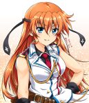  1girl 2023 black_gloves black_headband black_shirt blue_eyes breasts collared_shirt gloves grin hair_between_eyes hand_on_own_hip headband highres jacket long_hair looking_at_viewer lyrical_nanoha mahou_shoujo_lyrical_nanoha_strikers medium_breasts necktie orange_hair red_necktie san-pon shirt sleeveless sleeveless_jacket smile solo teana_lanster twitter_username upper_body white_background white_jacket wing_collar 